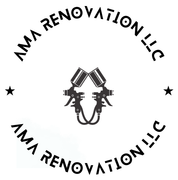 Logo for AMA Renovation LLC, featuring two crossed spray guns within a circular text border.