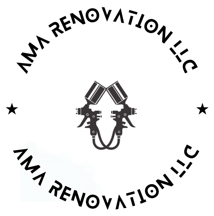 Logo for AMA Renovation LLC, featuring two crossed spray guns within a circular text border.