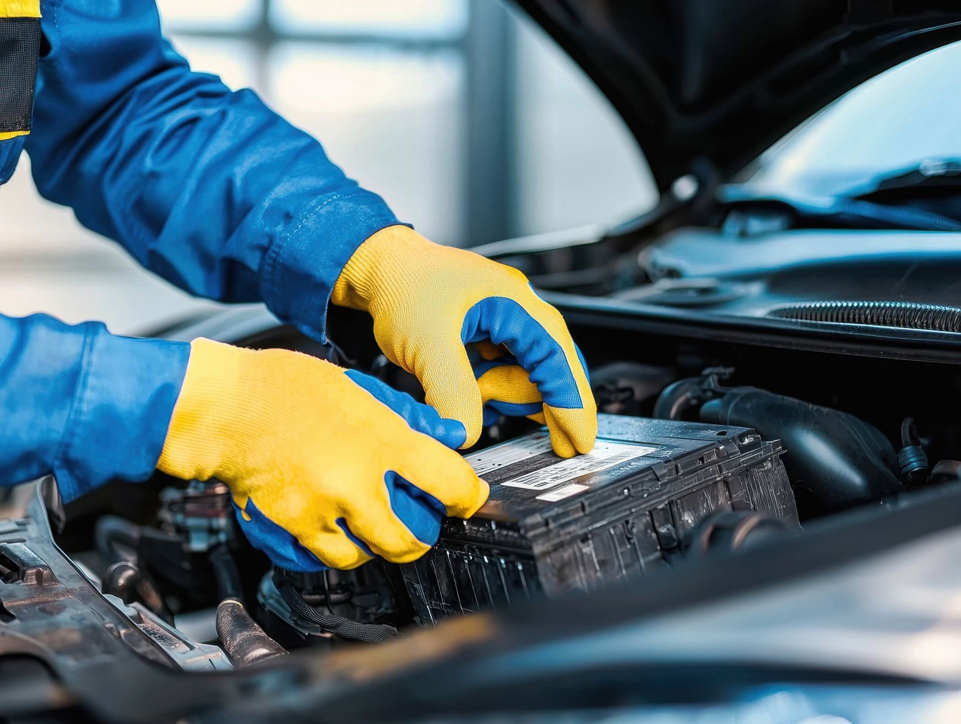 A mechanic wearing yellow gloves is working on a car battery.