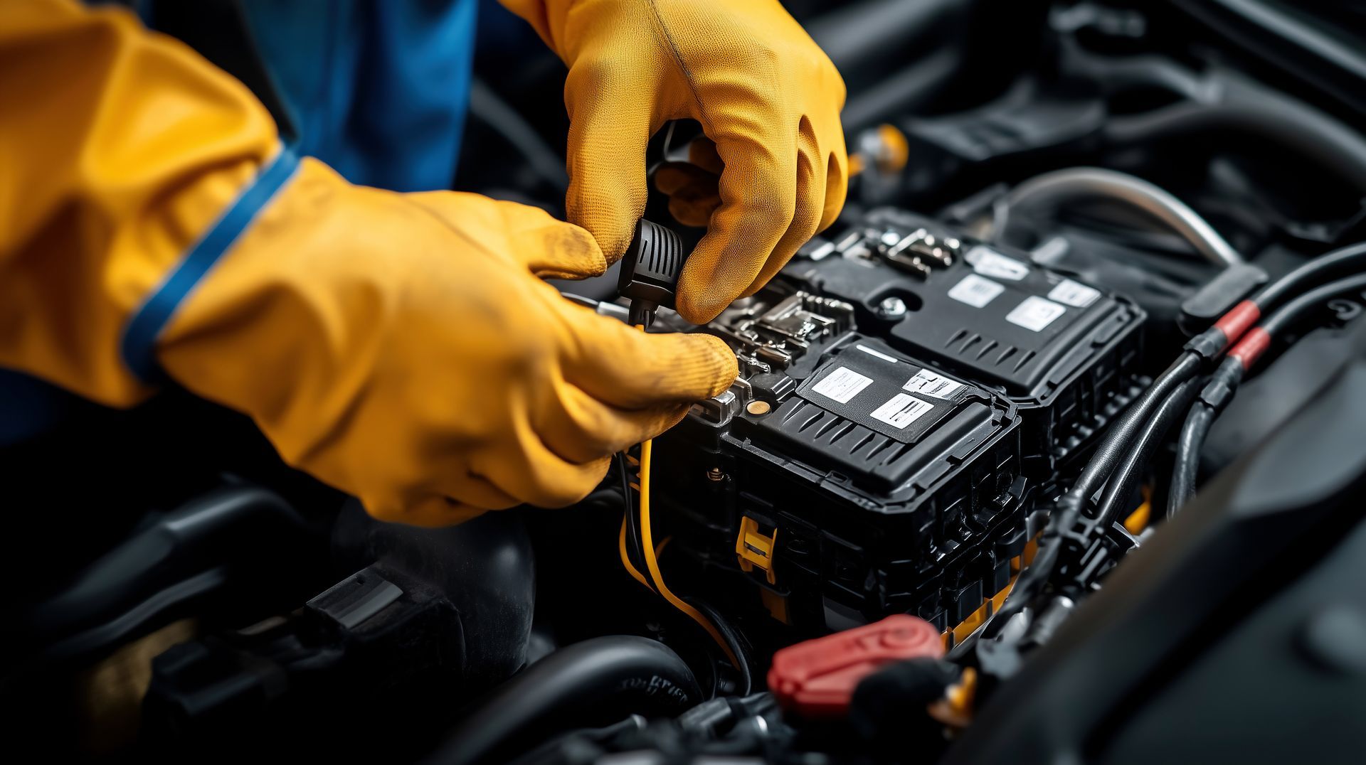 A man wearing yellow gloves is working on a car battery.