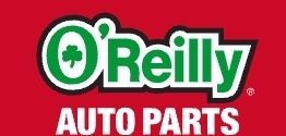 The logo for o'reilly auto parts is on a red background.