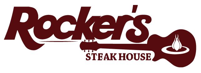 Rockers Steak House logo with maroon text and a guitar silhouette.  A flame is at the base of the guitar.