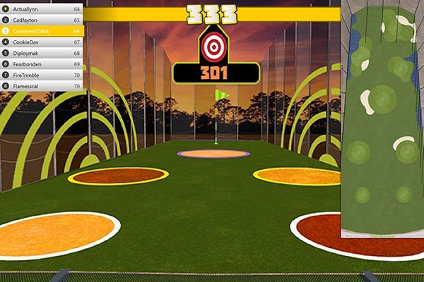 A computer screen shows a golf course with a target that says 301