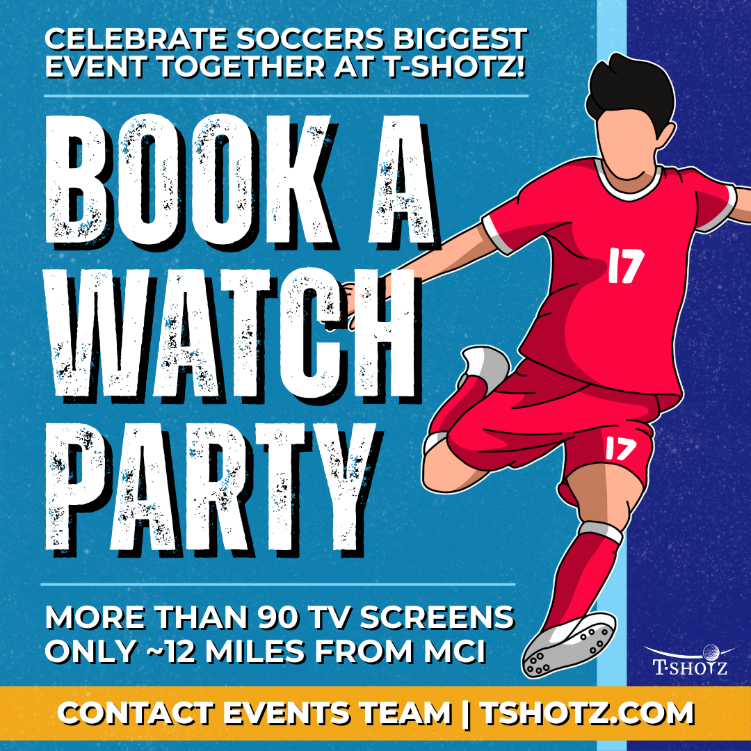 Group playing golf, woman cheering, purple banner: