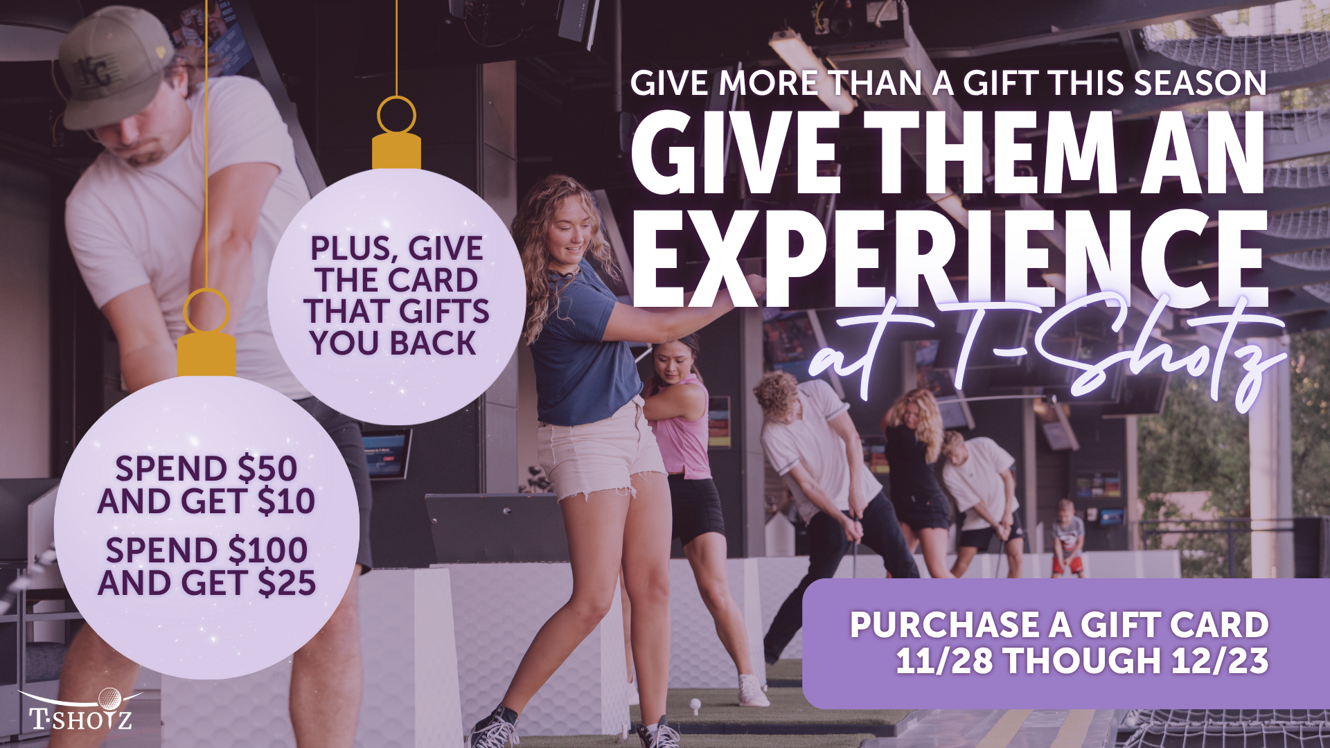 A group of friends playing golf indoors.  A woman points excitedly.  Purple promo banner: 