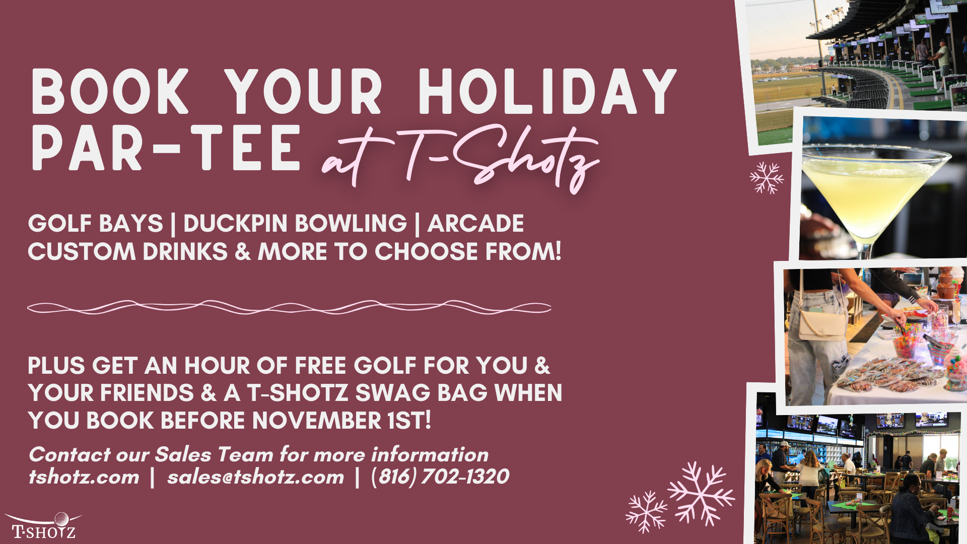 Advertisement for holiday parties at T-Shotz, offering golf bays, bowling, arcade, custom drinks, and freebies for early bookings.