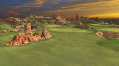 A computer generated image of a golf course with a sunset in the background.