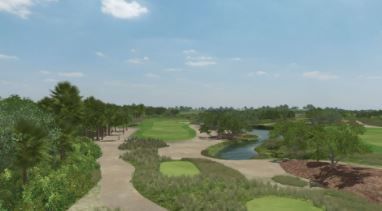 An aerial view of a golf course with trees and a river.