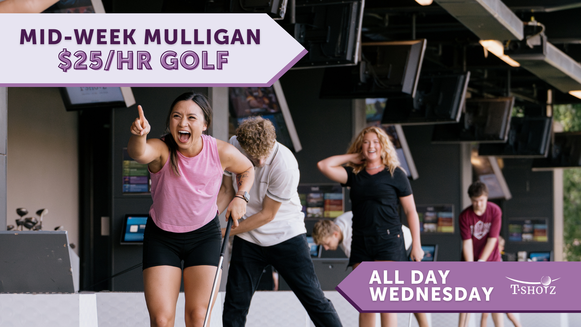 A group of friends playing golf indoors.  A woman points excitedly.  Purple promo banner: