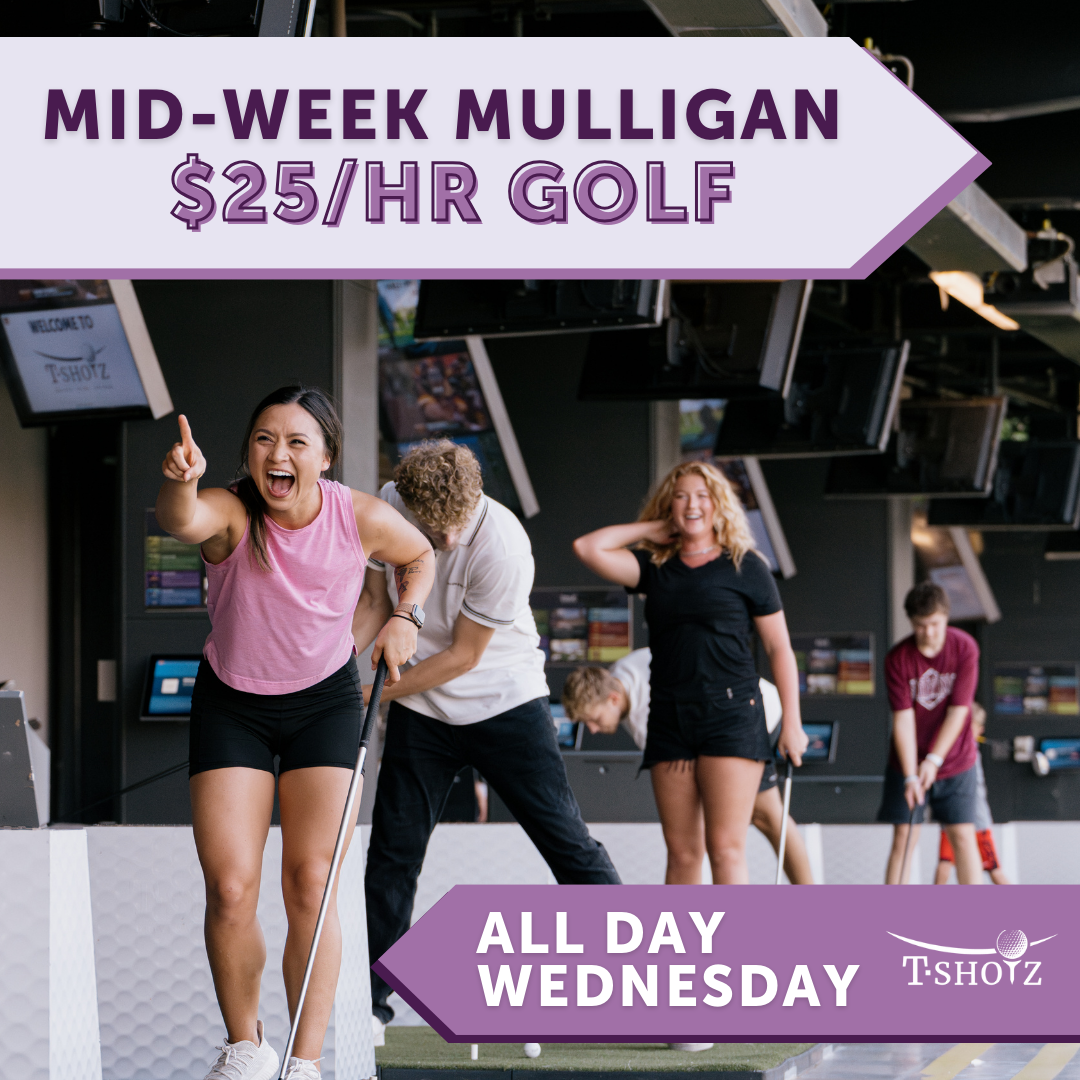 People golfing indoors, celebrating, with text: