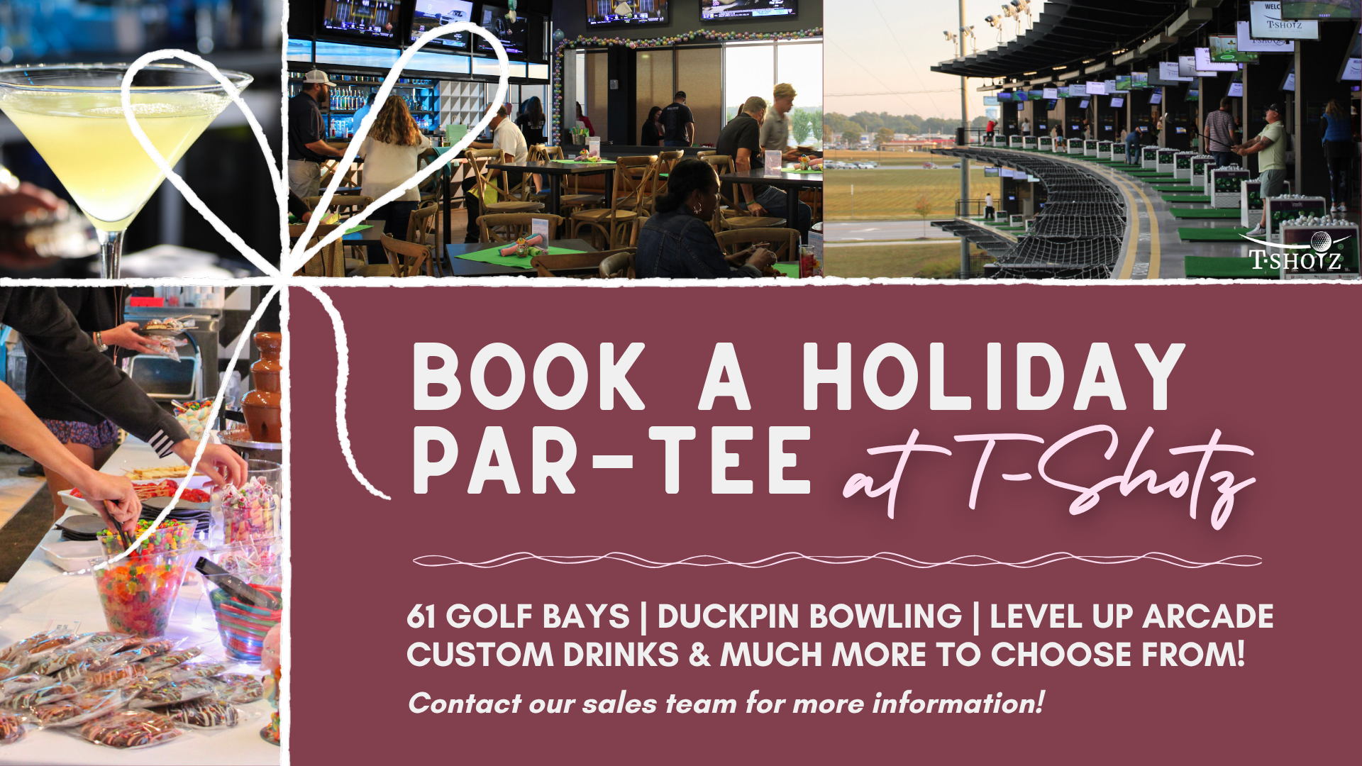 Advertisement for holiday parties at T-Shotz, offering golf bays, bowling, arcade, custom drinks, and freebies for early bookings.