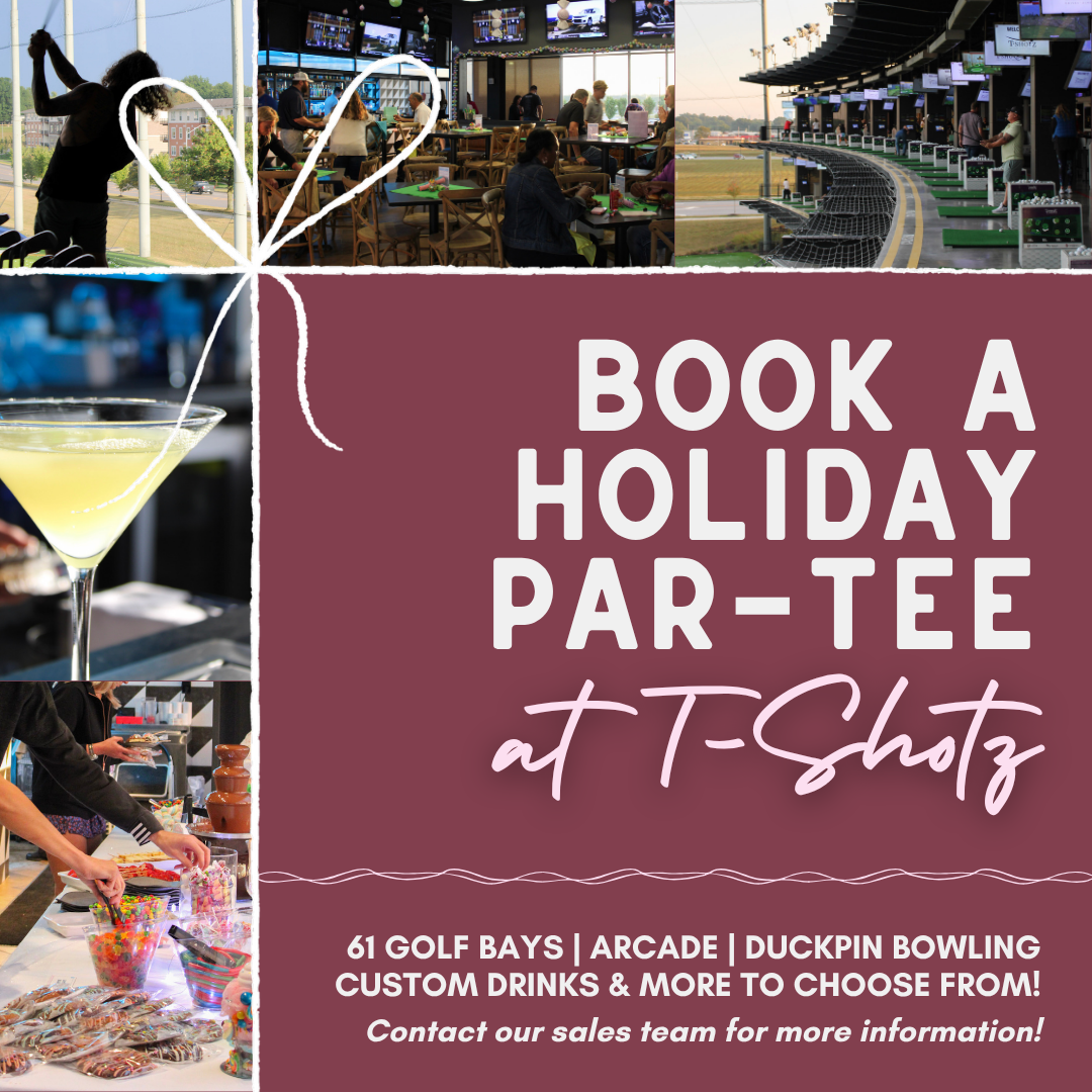 Book a holiday party at T-Shotz. Golf bays, drinks, bowling & arcade. Maroon background, photos of venue.