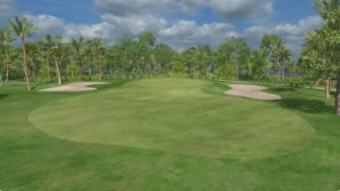 A computer generated image of a golf course with trees in the background.