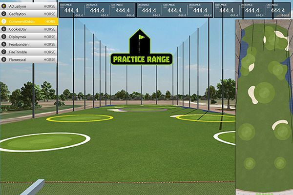 A computer generated image of a golf course with a practice range sign