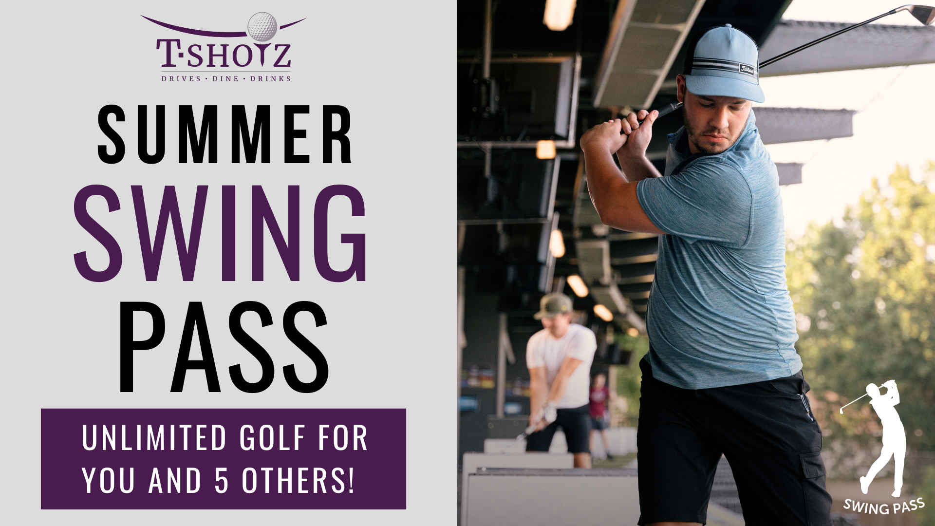 A man is swinging a golf club next to a sign that says summer swing pass.