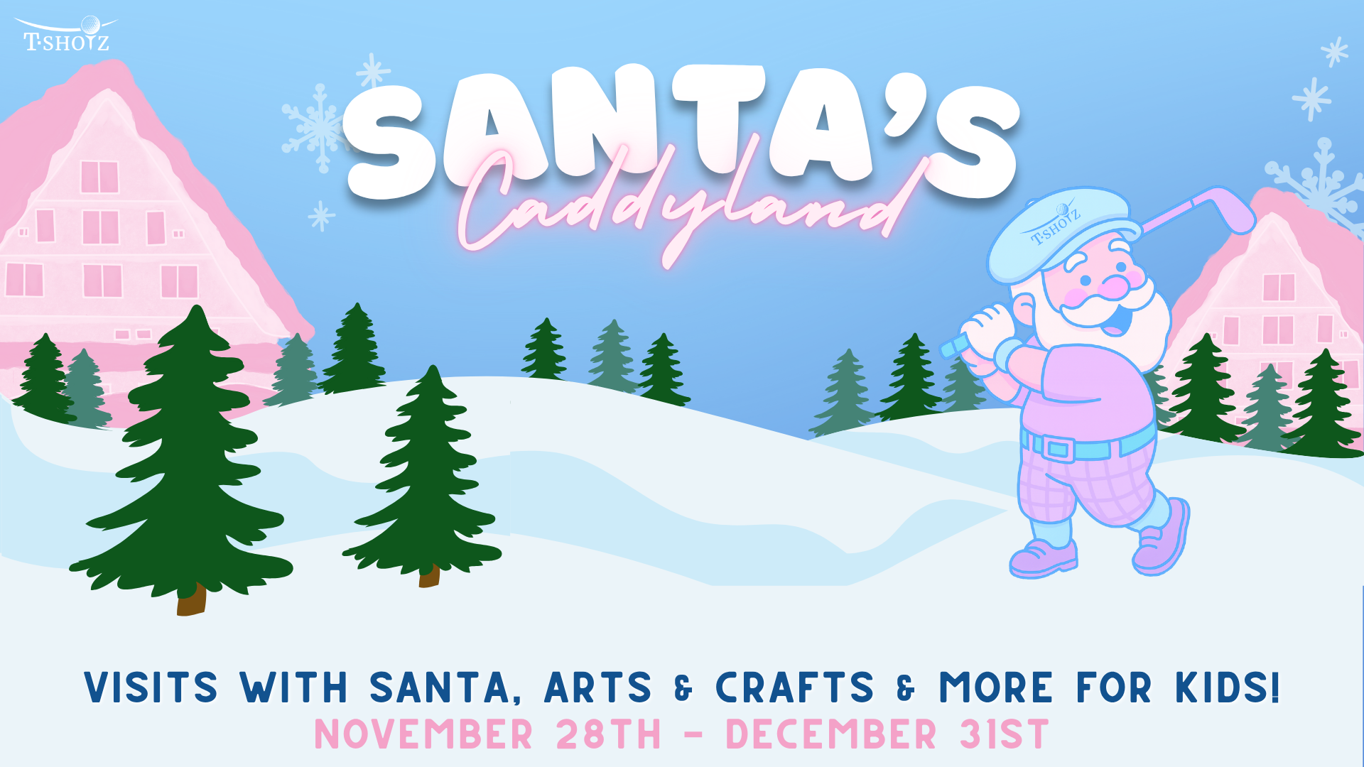 Advertisement for holiday parties at T-Shotz, offering golf bays, bowling, arcade, custom drinks, and freebies for early bookings.