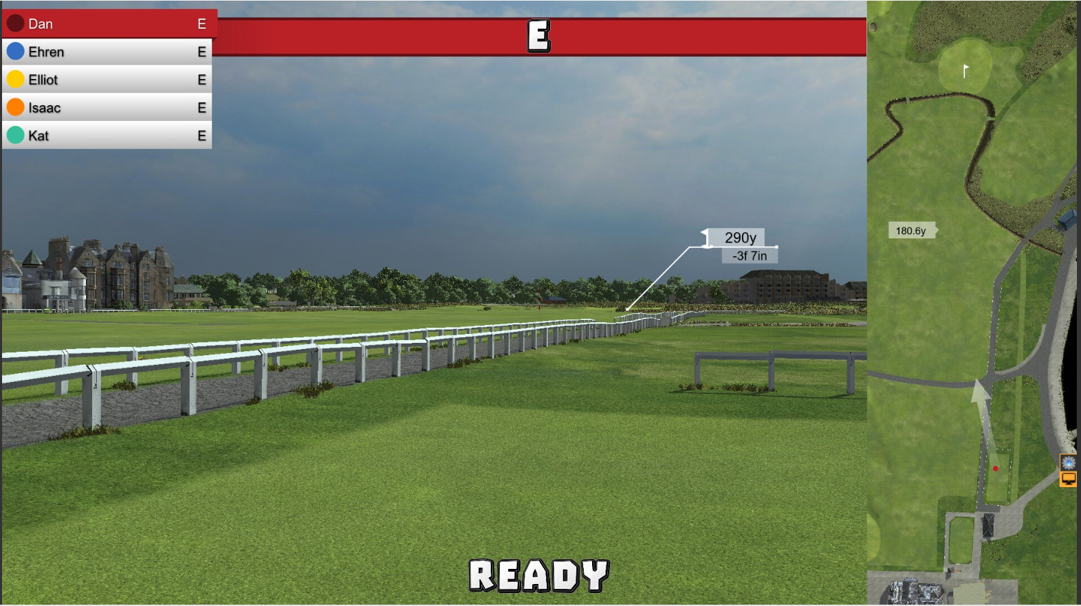 A computer screen shows a golf course and says ready