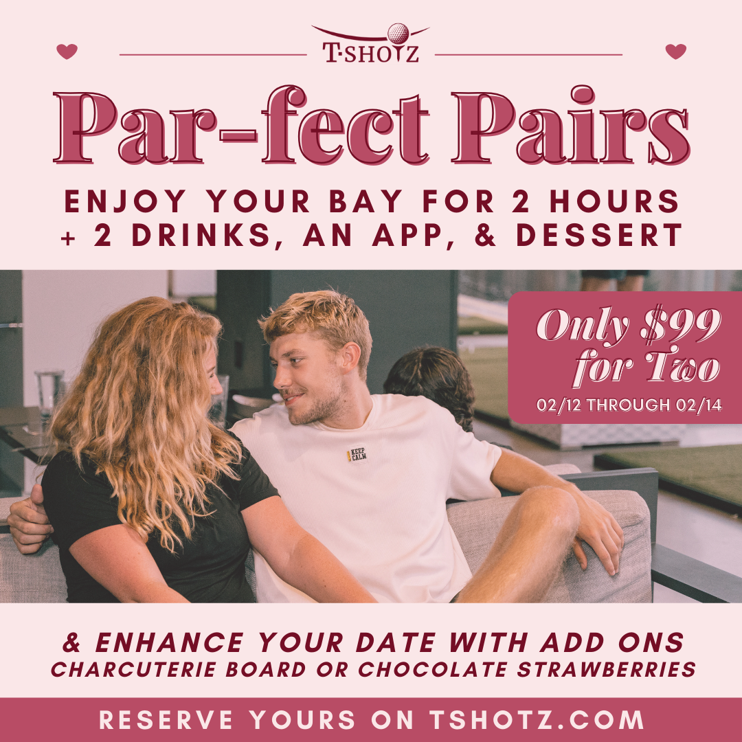 Advertisement for T-Shotz: Book a holiday party with golf, bowling, arcade, and drinks. Includes free golf and swag bag.