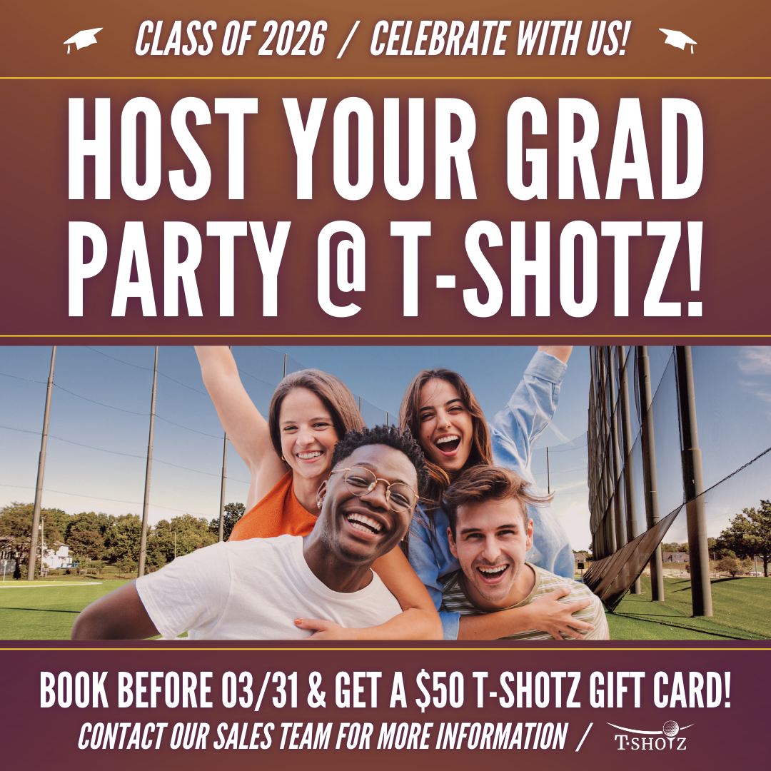 Ad for T-Shotz graduation parties; features a group of people smiling, text: 