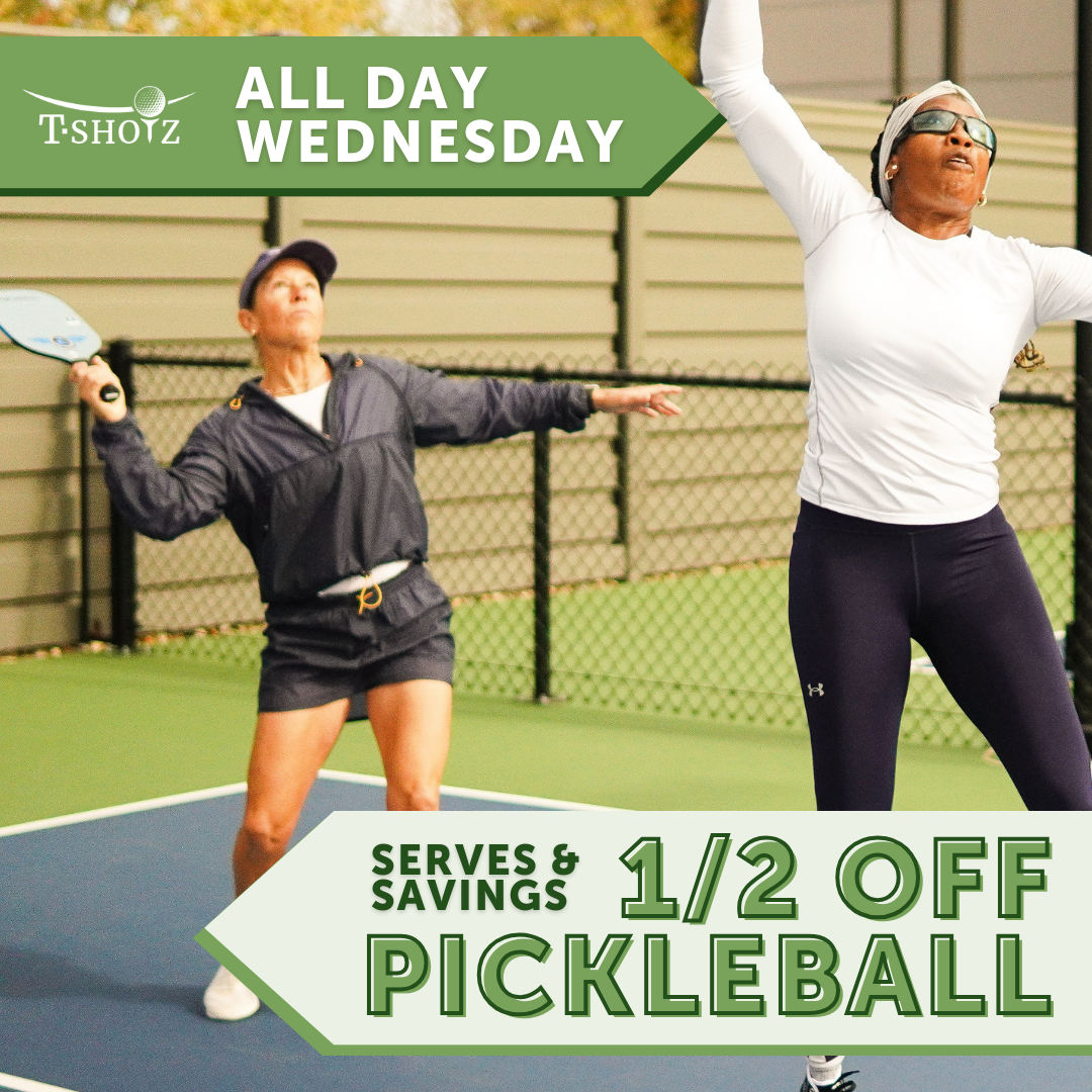 Group playing golf, woman cheering, purple banner: 