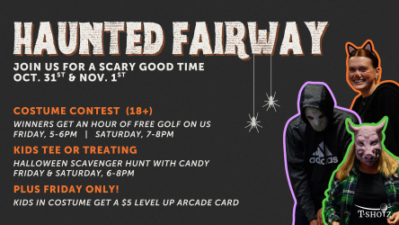 Silhouette of golfer with text: