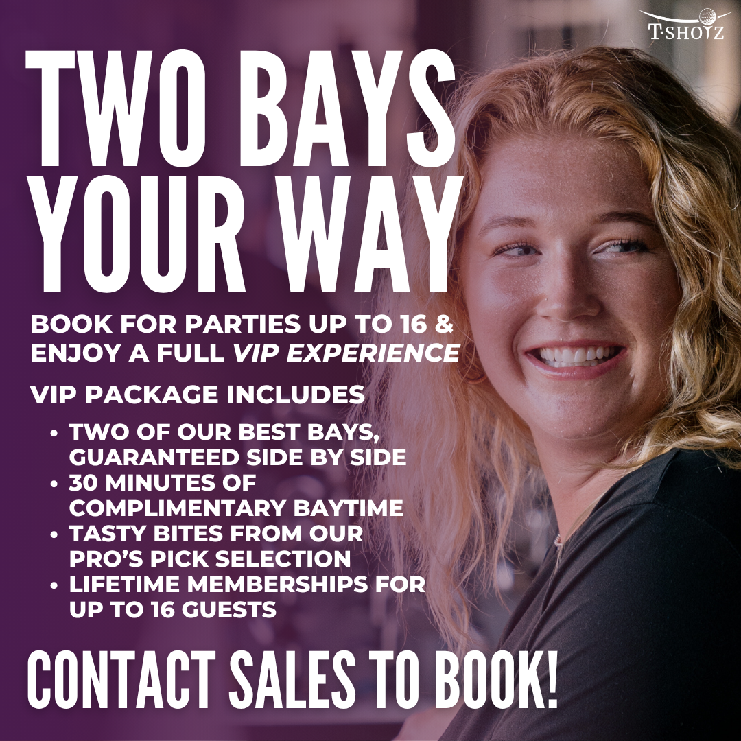 Book a holiday party at T-Shotz. Golf bays, drinks, bowling & arcade. Maroon background, photos of venue.