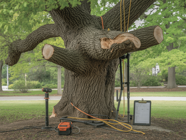 An arborist wearing safety gear uses a chainsaw to trim a tree branch from a yellow aerial lift bucket.