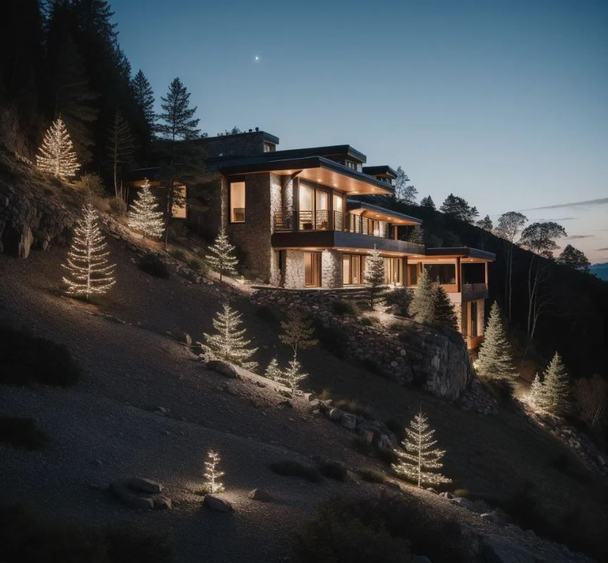 A large house sits on top of a hill at night