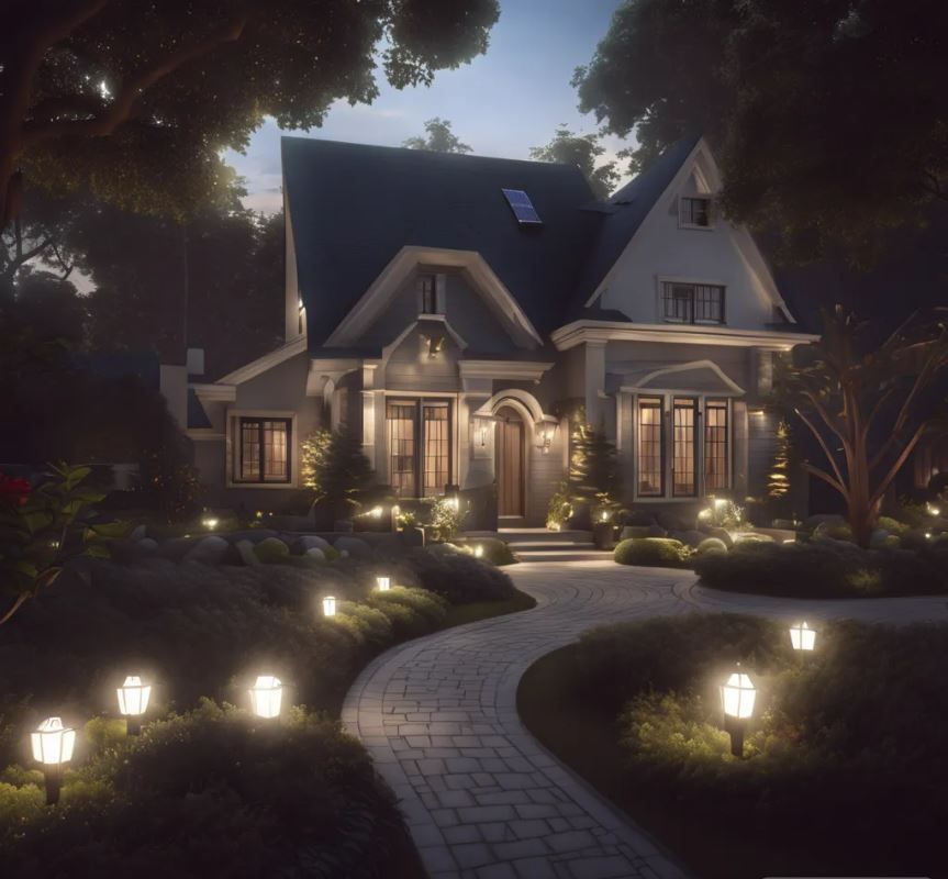 A house with a brick walkway leading to it is lit up at night