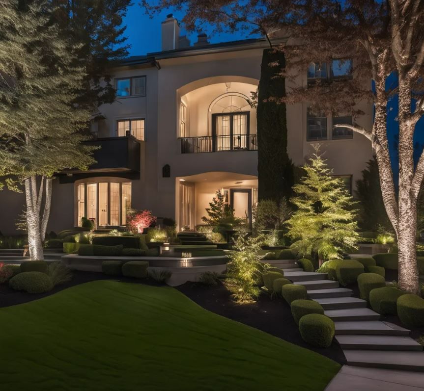 A large house is lit up at night with trees and bushes in front of it