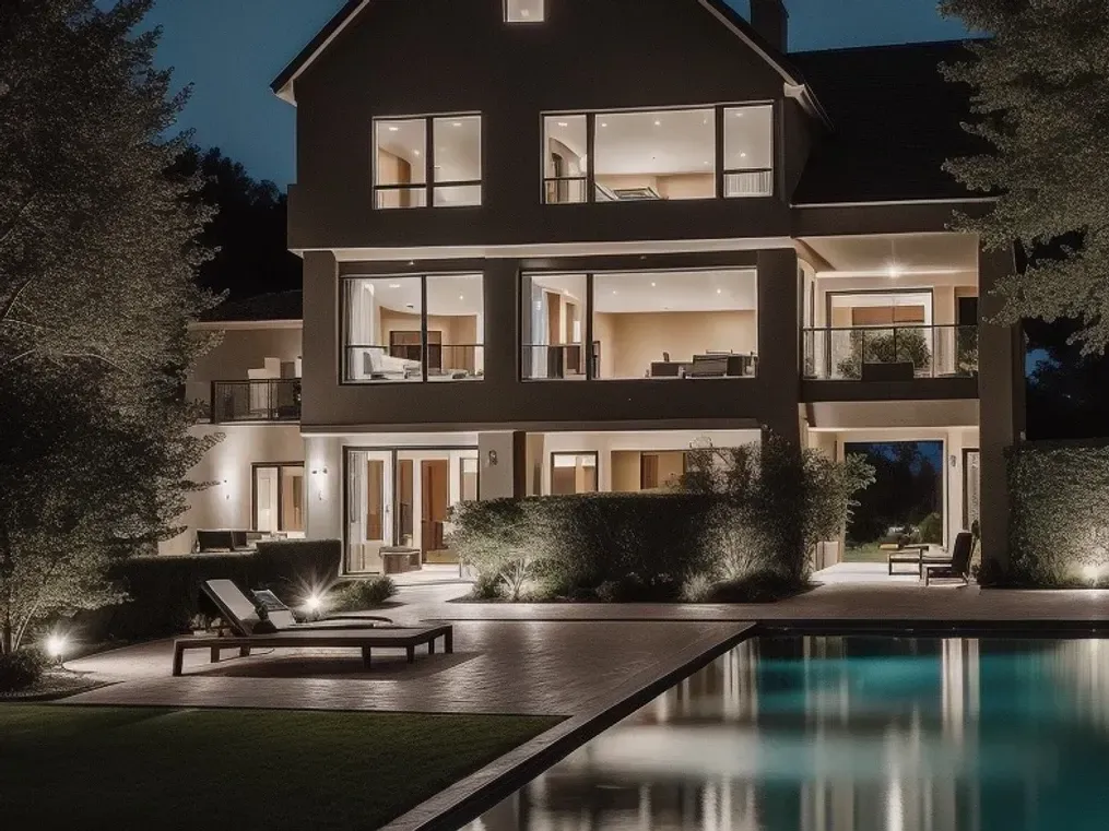 A large house with a swimming pool in front of it