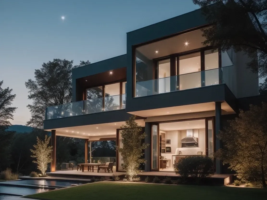 A large house with a lot of windows is lit up at night