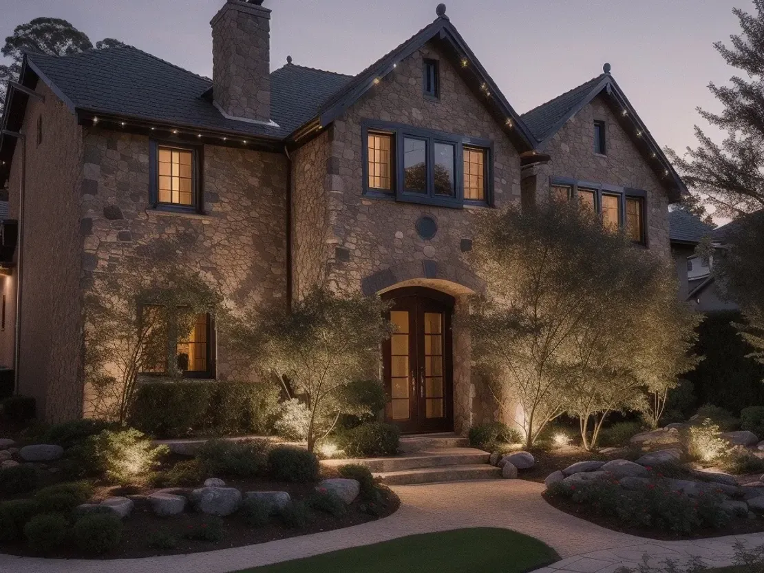 A large stone house is lit up at night