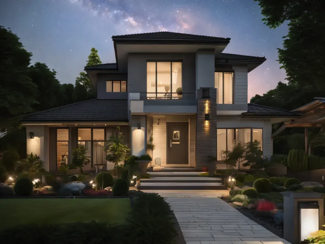 A large house with a lot of windows is lit up at night