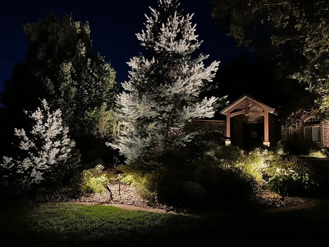 A house is lit up at night with trees in the foreground.