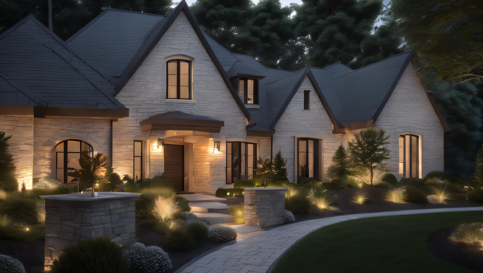 A large brick house with a dark roof is lit up at night.