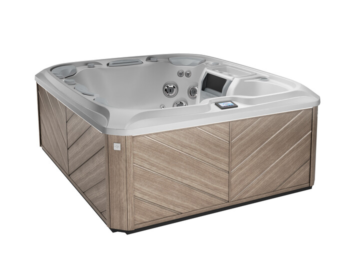 A square hot tub with a wooden base on a white background.