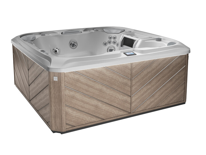 A square hot tub with a wooden base on a white background.