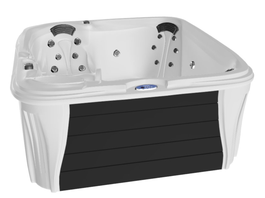 A white hot tub with a black stripe on the side
