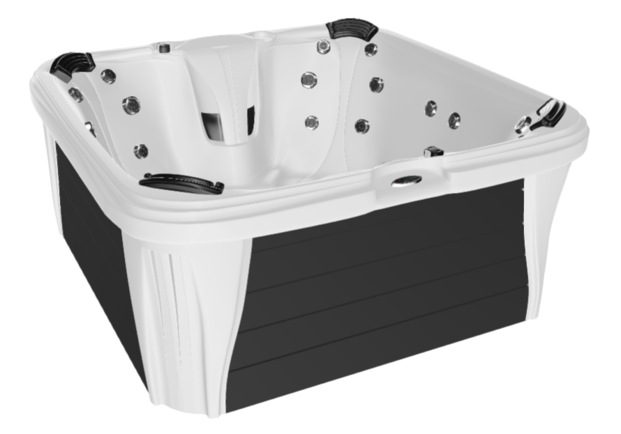 A white and black hot tub with a black base