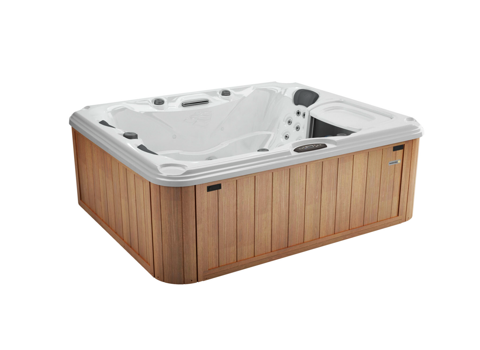 A white hot tub with a wooden base on a white background.