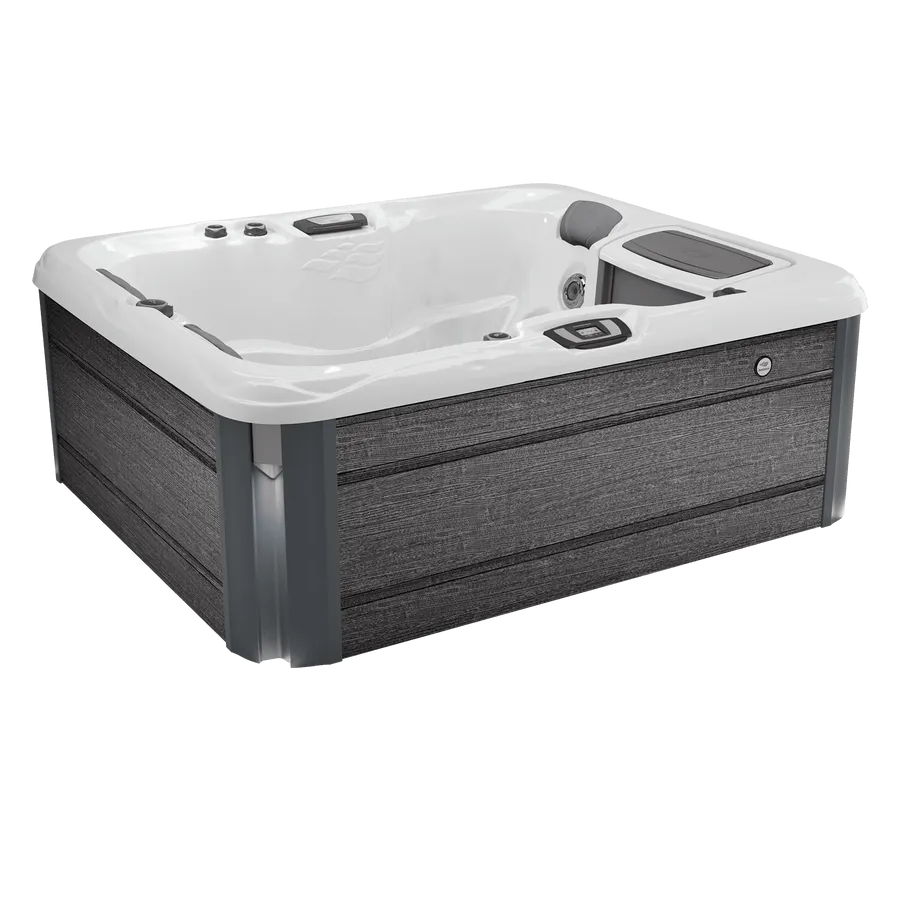 A square hot tub with a white top and a gray base on a white background.