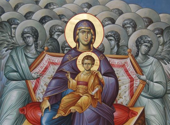Virgin Mary with infant Jesus, haloed and seated on a throne, surrounded by rows of angels in gray and gold