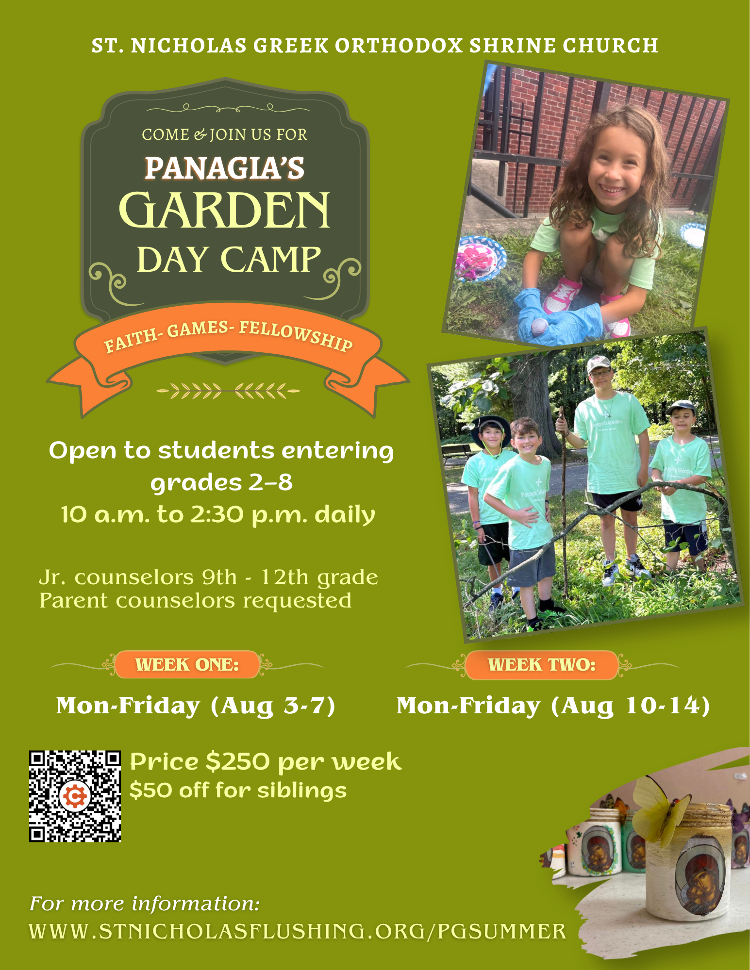 Summer camp for kids entering 2nd grade to 8th grade flyer with green and details