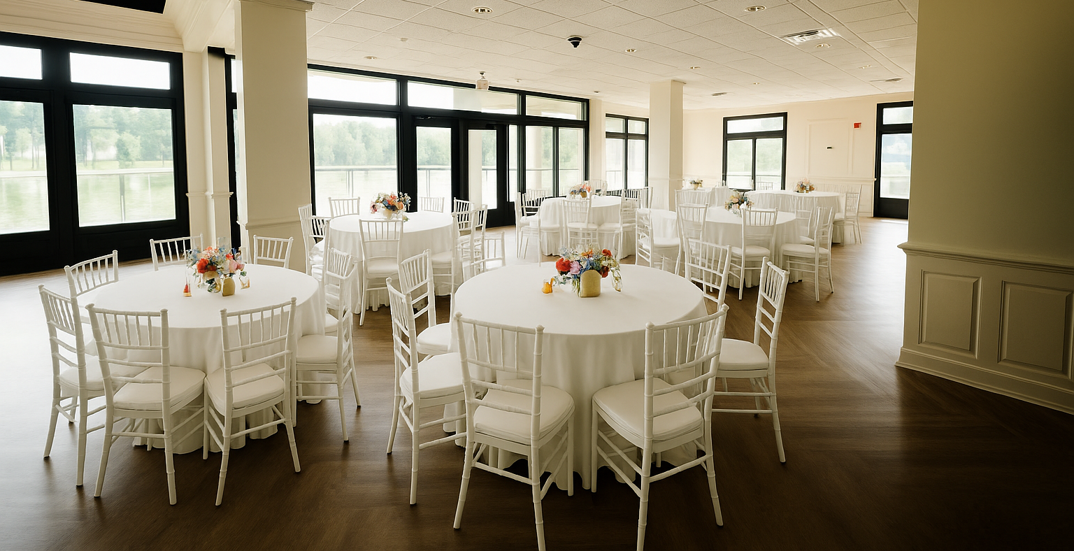 A large white house sits in the middle of a lush green field surrounded by trees.