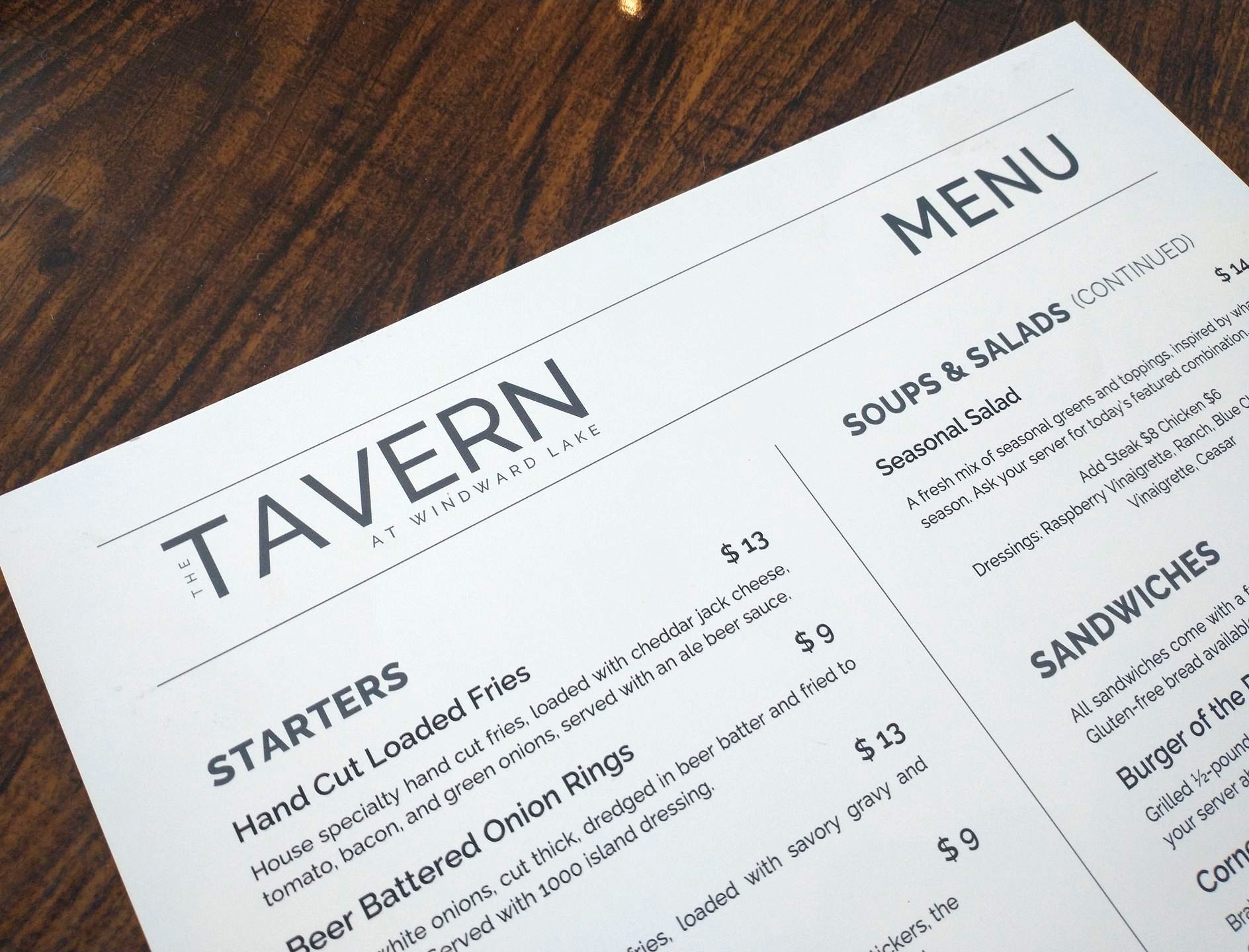 A menu for the tavern includes starters and sandwiches