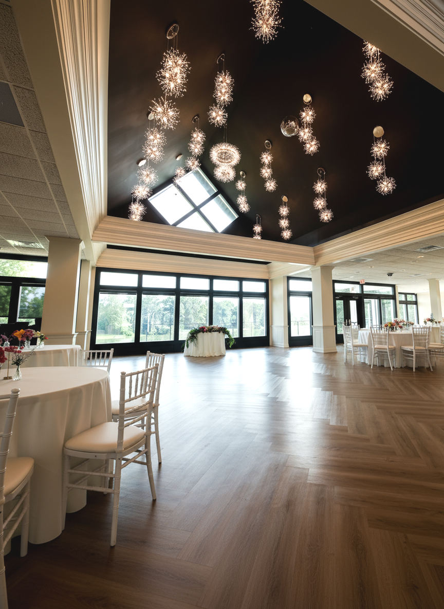 A large empty room with a lot of windows and a chandelier hanging from the ceiling.