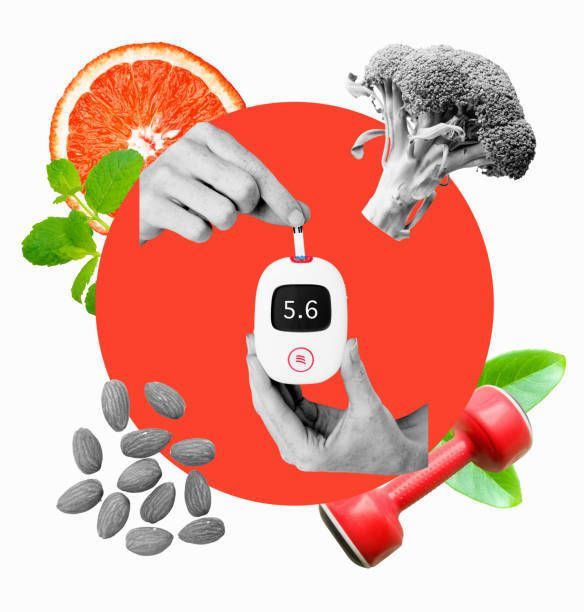 Hands using a glucose meter, surrounded by fruits, vegetables, almonds, and a dumbbell; red background.