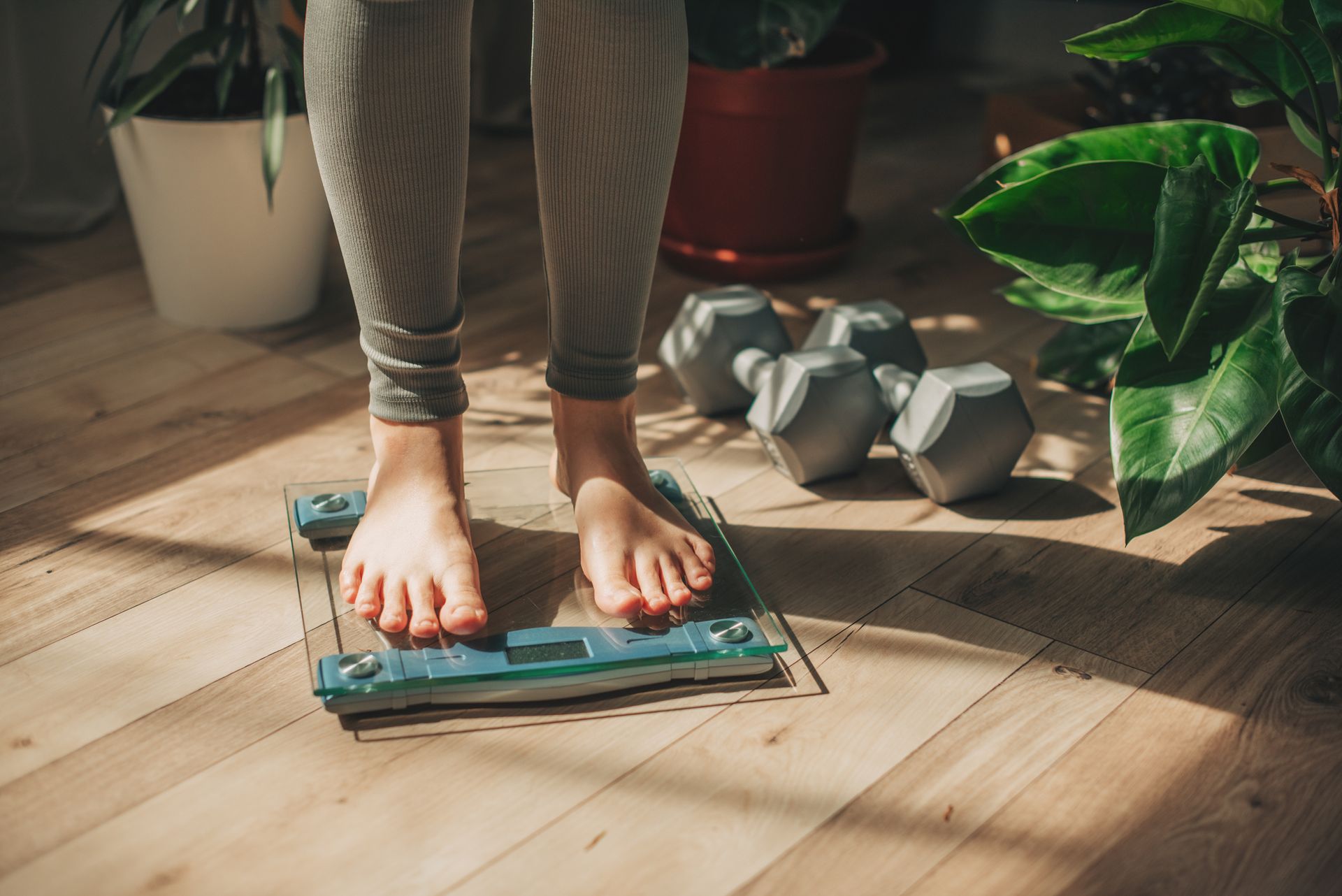 Person standing on a scale, legs visible, with dumbbells nearby and potted plants.