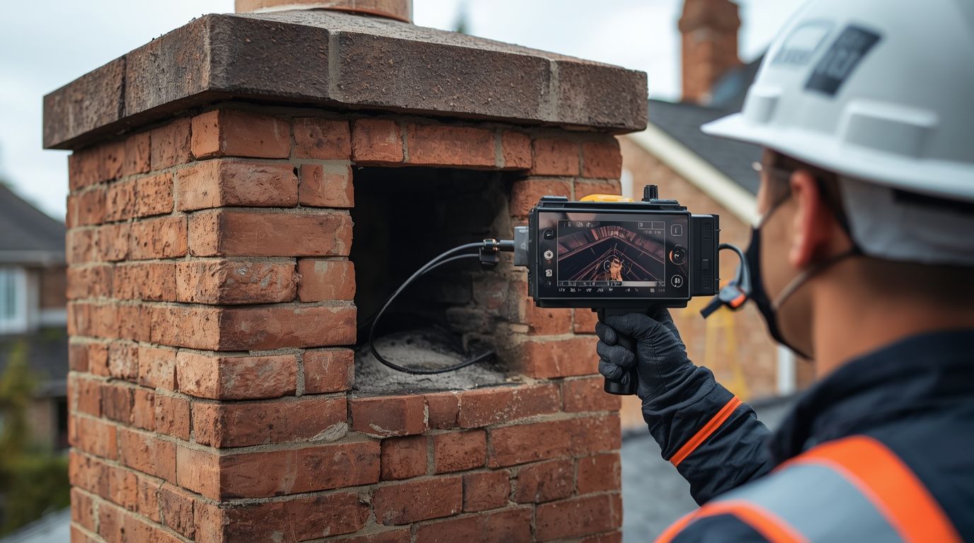 Person in protective gear cleaning a dark-colored stove near a brick wall, using a tool.